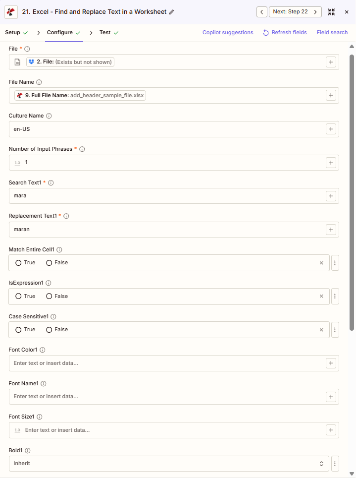 PDF4me Excel Buscar y reemplazar texto Configuración de Zapier parte 1 - Archivo, Nombre del archivo, Nombre de la cultura, Número de frases de entrada, Texto de búsqueda, Texto de reemplazo